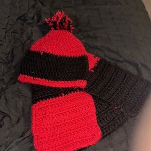 #114 Cozy Red and Black Kids Beanie and Scarf Set
